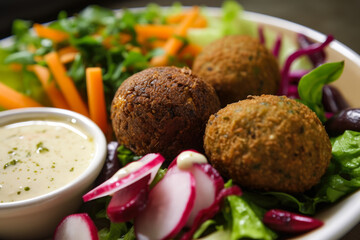 Close-up of delicious falafel plate with assorted pickled vegetables, crispy falafel balls, and drizzled tahini sauce, a healthy, vegan Middle Eastern street food.