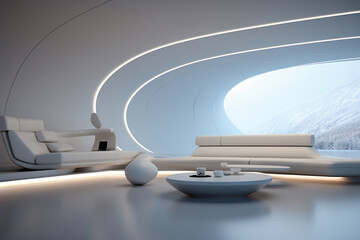 Living room in a futuristic minimalistic design with white interior, big sofa and window. AI Generative.