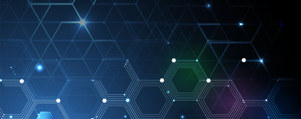 Technology banner design with hexagons abstract background.