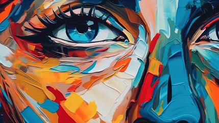 Oil painting of a woman face. Girl's face made from splashes of colored acrylic paints . Fantasy concept , Illustration painting. - obrazy, fototapety, plakaty