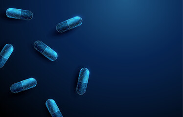 Top view of a group of abstract blue medical drug capsules. Healthcare, pharmacy concept