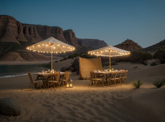 Scène nocturne d'un repas sur la plage avec tables, chaises et éclairage d'ampoules pour une ambiance chaleureuse. Generative AI.