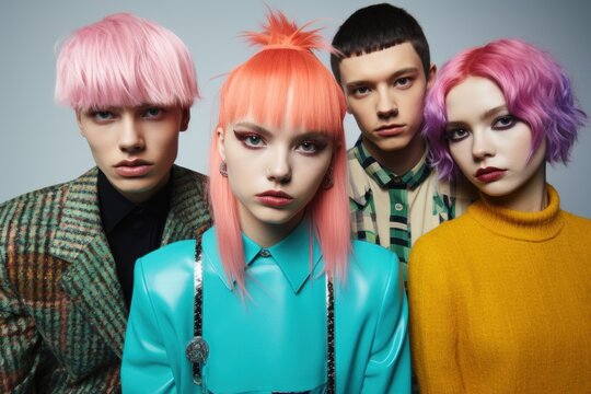 Edgy fashion photo of a diverse group of young individuals with vivid dyed hair, radiating in a blend of dark pink, light azure, and purple tones, embodying the genderless kitsch aesthetic