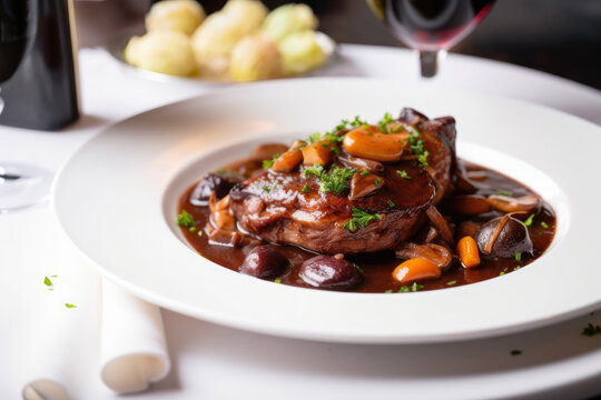 Coq au Vin, a succulent traditional French dish with a rich red wine sauce, served on a white porcelain plate, captured in a macro shot.