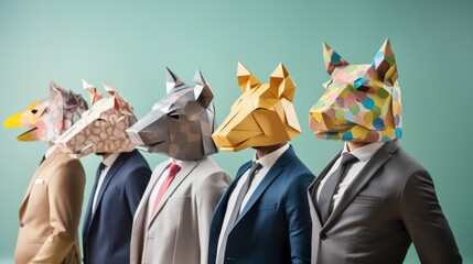 Corporate Jungle: Diverse Group Sporting Origami Animal Faces