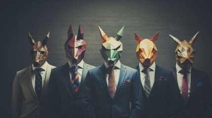 Wild Side of Business: Professionals in Suits with Origami Animal Masks
