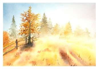 Hand drawn watercolor autumn landscape. Watercolor fall landscape with trees in warm colors.
