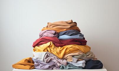 Stack of colorful clothes. Pile of clothing on table empty space background. Laundry and household by the washing machine in clean white room. Modern interior with copy space