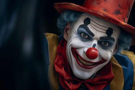 Scary creepy smiling clown circus jester joker villain carnival murderer horror halloween adult man evil expression make-up bizarre dark actor spooky monster face sinister staring frightening close-up