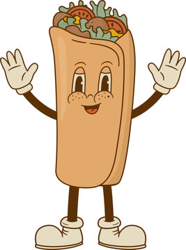 Naklejki Retro cartoon funny burritos characters. Vintage taco, doner kebab, pita mascot vector illustration. Nostalgia 60, 70s, 80s