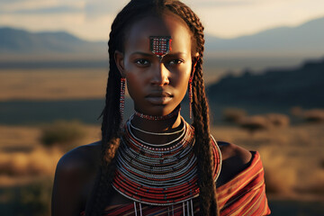 A dramatic portrait of a Maasai woman with beaded accessories and traditional clothing - obrazy, fototapety, plakaty