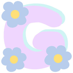 Purple english alphabet G decorated with blue and yellow flowers isolated on transparent background 