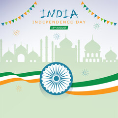 Banner for Independence Day of India with stylish text 15th August and Ashoka Wheel on abstract Background