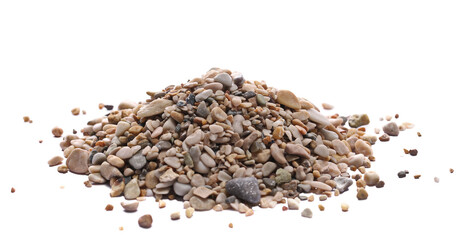Pile colorful rounded sea pebbles and sand, rocks isolated on white