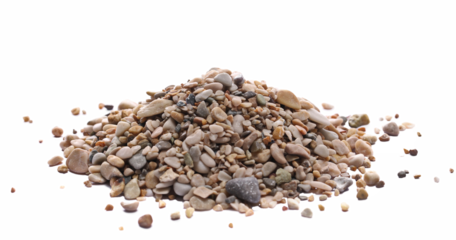 Pile colorful rounded sea pebbles and sand, rocks isolated on white
