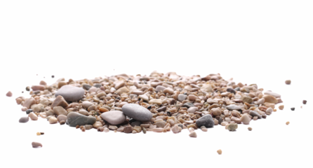 Pile colorful rounded sea pebbles and sand, rocks isolated on white