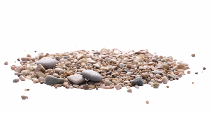 Pile colorful rounded sea pebbles and sand, rocks isolated on white