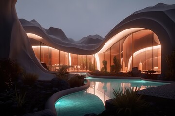 A streamline buildings with cave shape, pools and aquatic plant, warm lights, and reddish brown buildings,Interior design renderings,Required resolution. Generative AI.