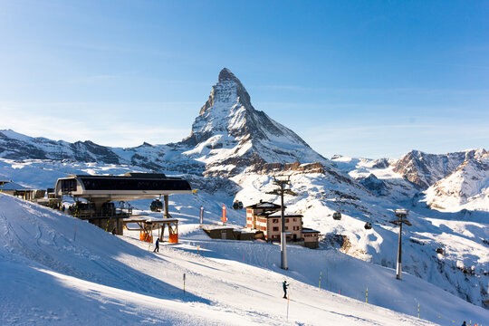 Winter mountain landscape. Snowy mountain Matterhorn during the day in winter. Zermatt, swiss alps