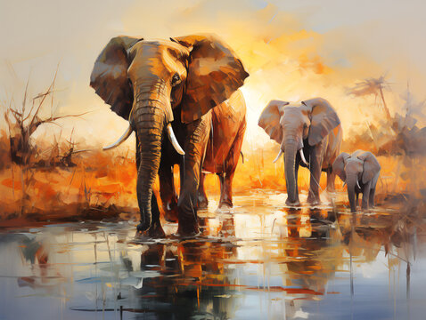 African elephant family near watering place. Oil painting in the style of impressionism.