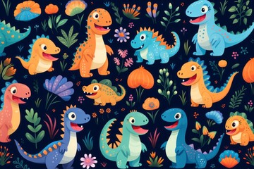 Seamless Pattern Of Playful Dinosaurs, Generative AI