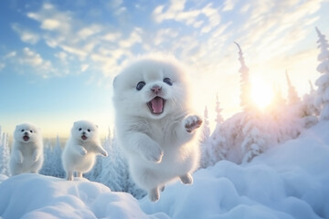 The background is a winter snowscape, beautiful sky and clouds, and the cute white baby arctic fox...