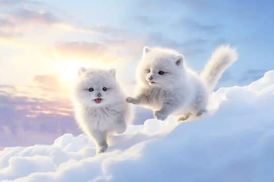 The background is a winter snowscape, beautiful sky and clouds, and the cute white baby arctic fox bathed in the gentle sunshine jumping and playing is cute.