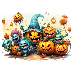 Halloween monsters spooky halloween Playful of adorable Halloween monsters marching in a parade. friendly ghosts to grinning pumpkins