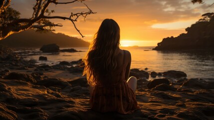 Fototapeta premium Lady watching the sun rise at the beach just after dawn