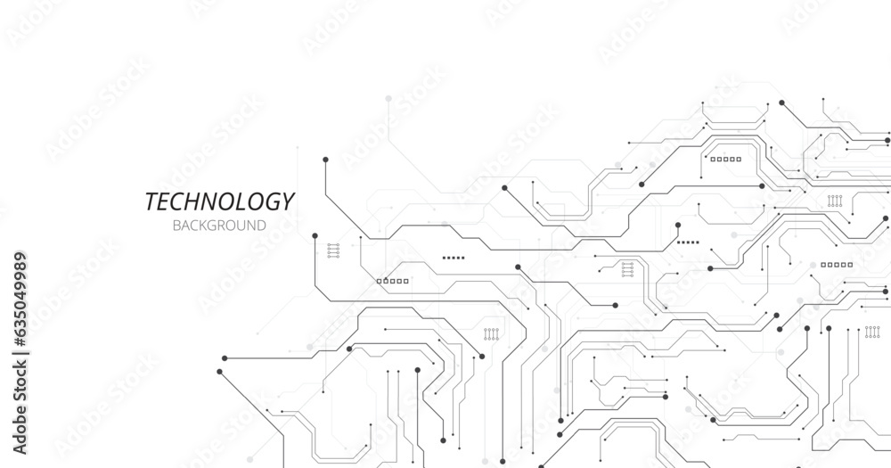 Poster Gray circuit diagram on white background. High-tech circuit board connection system. Vector abstract technology on white background.	