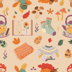 Pattern with mushroom, book, leaves, tea, plaid, sweater. Hello autumn. Elements on the autumn theme.