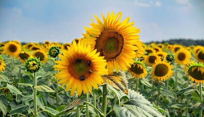 Friendship and tolerance concept. To be yourself, to be unique. Field of ordinary sunflowers and one colorful sunflower