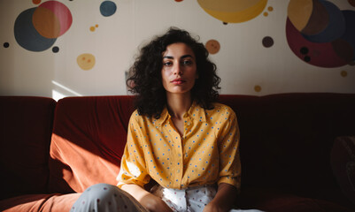 Multicultural woman in a polka dot blouse sitting on a couch. Generative AI.