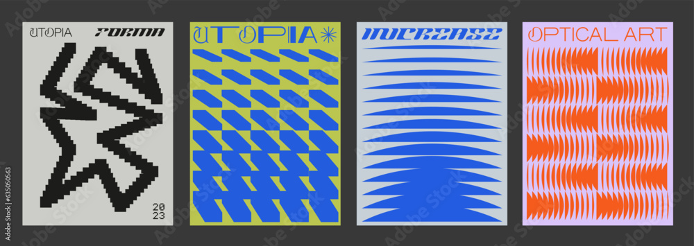 Aufkleber Set Of Cool Abstract Geometric Posters. Optical Illusion Circle Shape Element. Rave Acid Graphic Design. Swiss Design Retro Placard.
