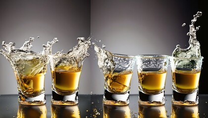 Glasses shot of tequila making toast with splash isolated 