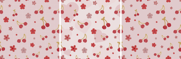 Seamless watercolor cherry pattern with hearts, flowers, and pink background. Vector illustration in watercolor style for spring cover, wallpaper, wrapping backdrop, packaging, backgrounds, stationary