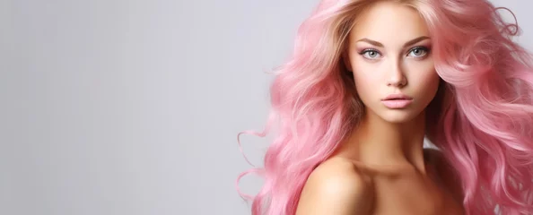 Photo sur Plexiglas Salon de beauté Beautiful model advertises pink hair color in Barbie style pink. Advertising design for cosmetics, beauty salon. Banner. Generative Ai content.