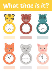 Telling time educational activity with clock in shape of cartoon funny animals. Preschool time learning. A game for children. Worksheet for school kids. Useful games for preschool and kindergarten.