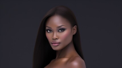 Naklejka premium Beauty close-up portrait of beautiful black woman with perfect skin and nude make-up. AI photography..