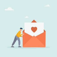 Man in love pushes big love envelope. Metaphor of love letter, romantic message. Cartoon vector illustration.

