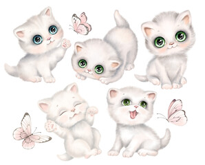 Set of Cute fluffy kittens with butterflies. Collection of White Kitty Cats, Hand drawn watercolor digital illustration. Cartoon baby pet animals - 635051720