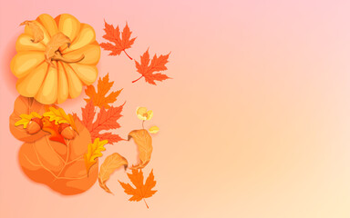 Naklejka na ściany i meble Pumpkins, fall leaves and spices on pink flat lay top view autumn background with copy space.