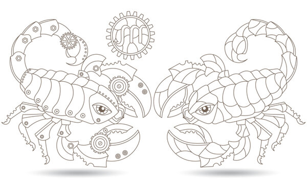 Set of contour illustrations in the style of stained glass with steam punk signs of the zodiac scorpio , dark contours on a white background