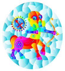 Illustration in the style of a stained glass window with an illustration of the steam punk sign of the horoscope Sagittarius, oval image