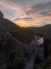 sunset over the building