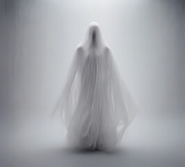 A ghost wearing a white dress on a foggy day, abstract forms in motion, black and grey, ethereal abstractions, flowing fabrics. Generative AI