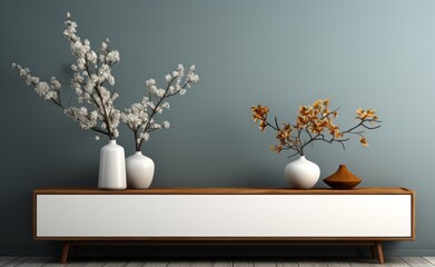 Inside the room in a minimalist style, there is a long wooden table placed against the wall. White and black vase with flowers embroidered on the vase On the wall there is a white white board attached