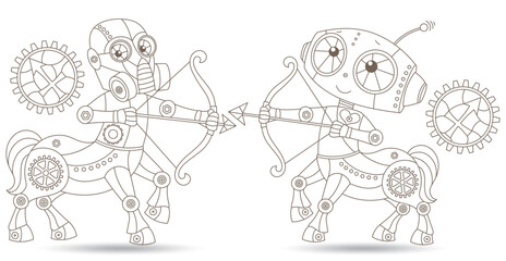 Set of contour illustrations in the style of stained glass with steam punk signs of the zodiac Sagittarius, dark contours on a white background