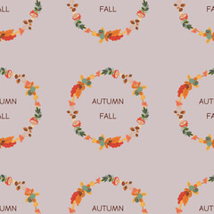Pattern with chestnut, acorn, mushroom, leaves. Hello autumn. Elements on the autumn theme.