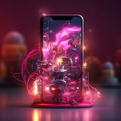 Mobile phone in laboratory in neon colors, pink color